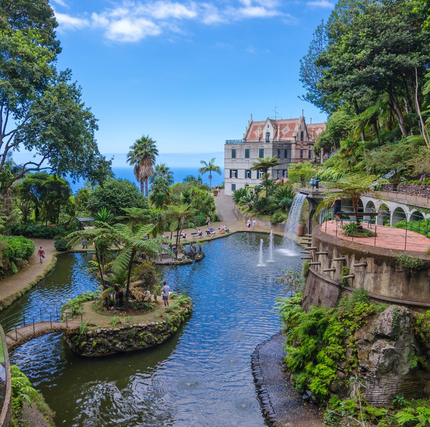 Egzotyczne rośliny i tarasy Ogrodu Botanicznego w Funchal w dziennym świetle.